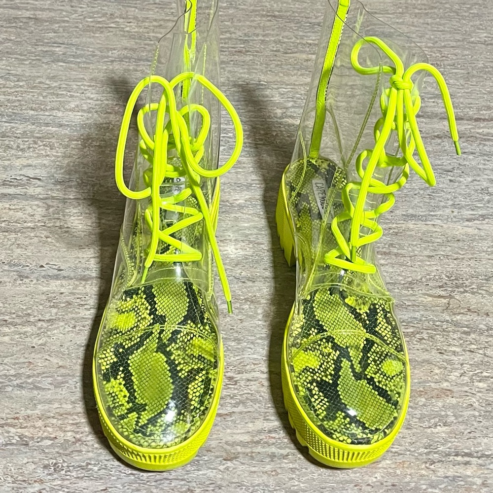 Cape Robbin clear transparent and neon green mid-calf rain boots